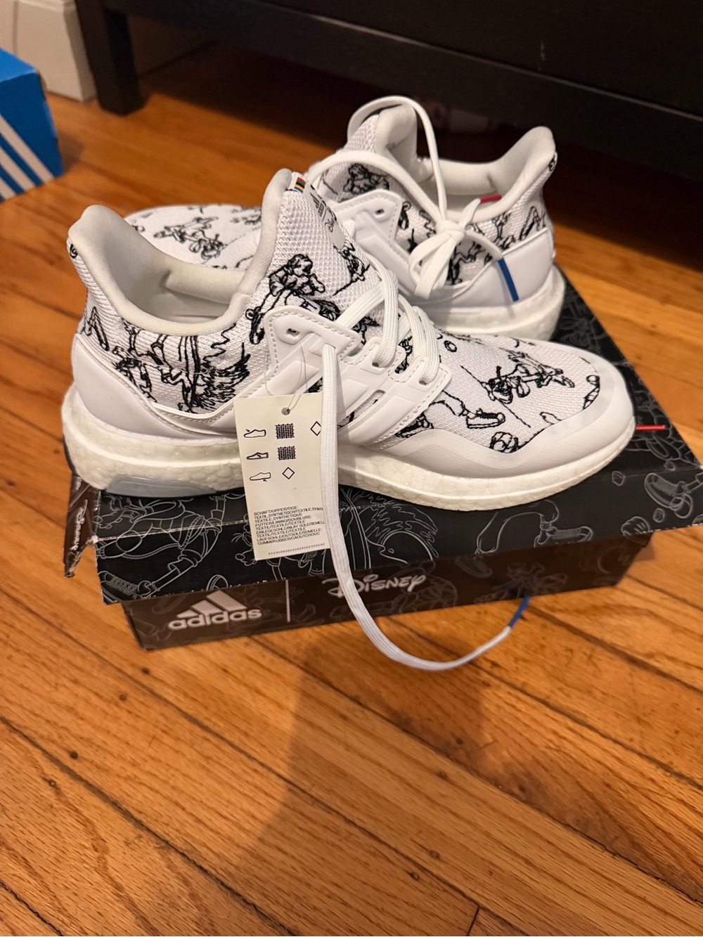 adidas Kids White Sneakers with Black Disney Sketch Graphics